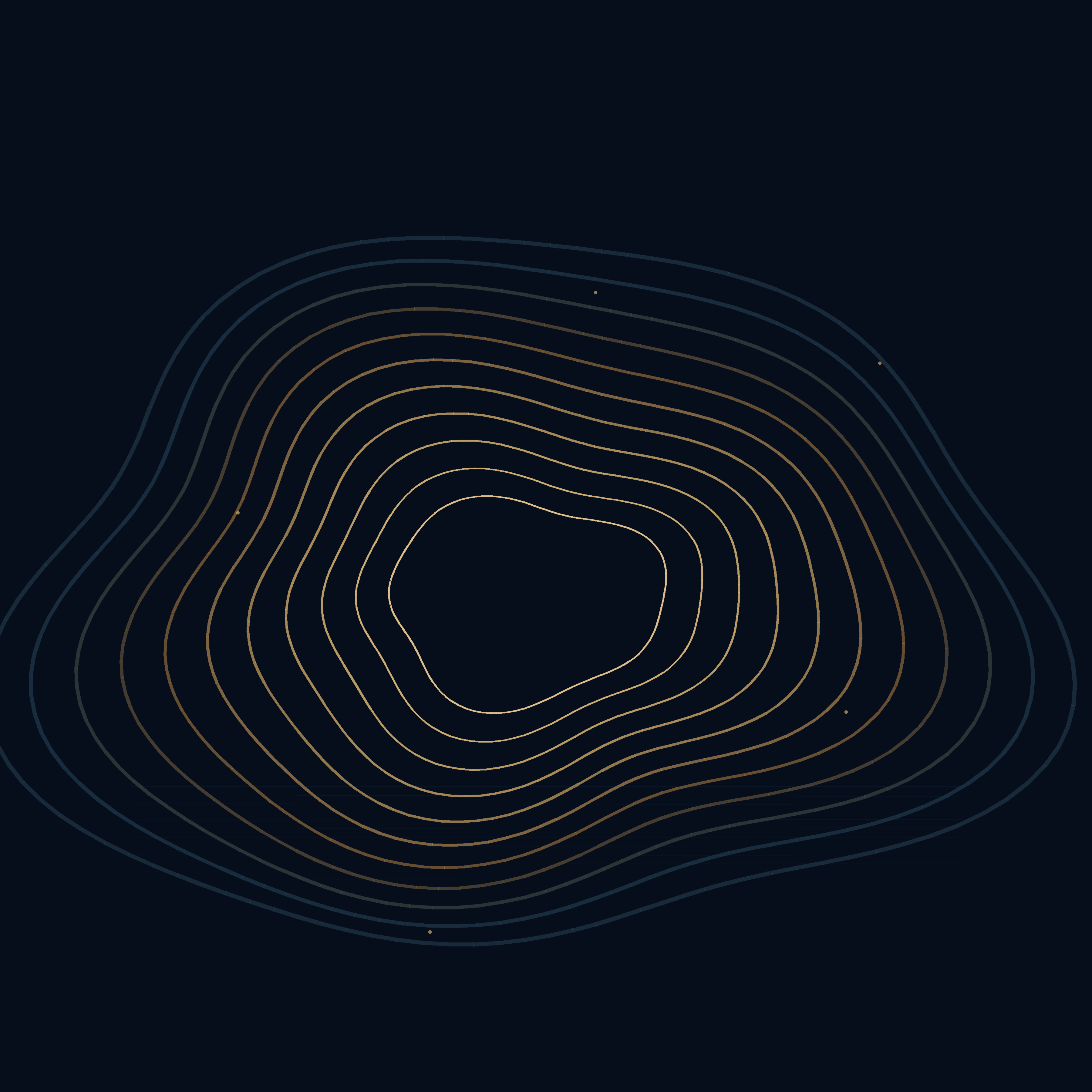 Shore Contour — copper-to-cold organic contour rings on deep navy