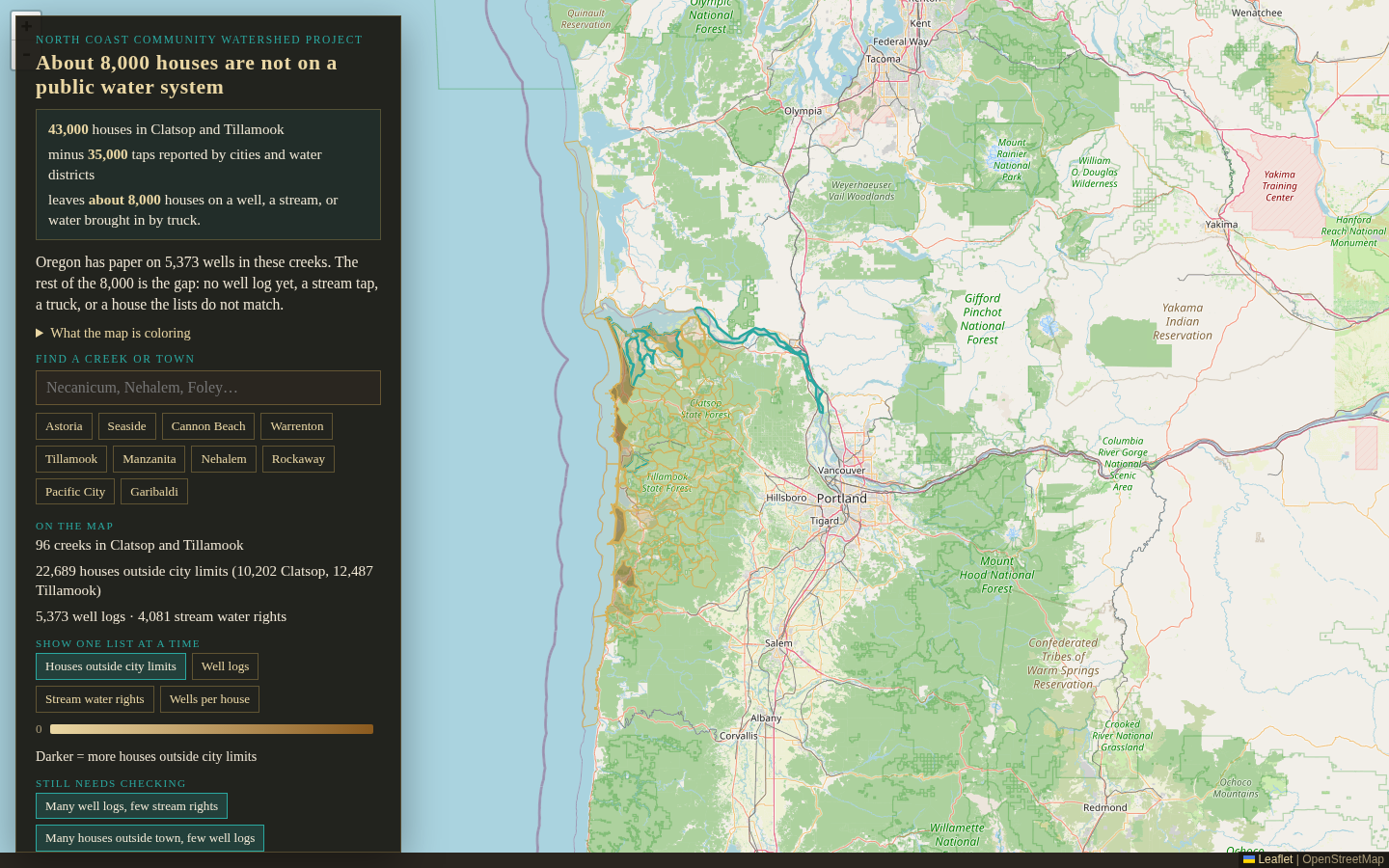 NCCWP map of Clatsop and Tillamook — houses, well logs, and stream water rights on coastal creeks